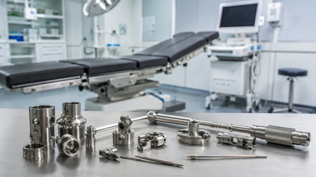 Precyzyjne komponenty metalowe po obróbce CNC ułożone na stole w sterylnym pomieszczeniu medycznym z łóżkiem zabiegowym i komputerem medycznym w tle.