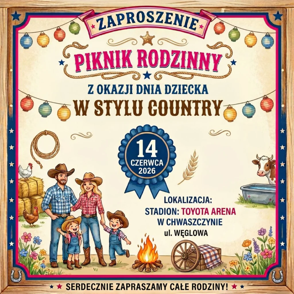 Einladungsposter zum Familienpicknick zum Kindertag im Country-Stil am 14. Juni 2026 in der Toyota Arena in Chwaszczyno.