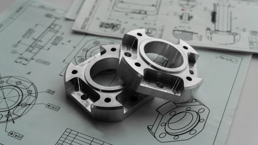 Metallbauteil auf technischer Dokumentation zur Vorbereitung der CNC-Bearbeitung