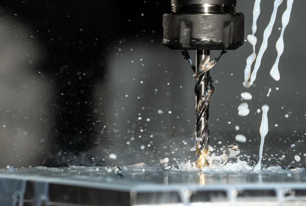 CNC machining with coolant during the production of deep holes and pockets
